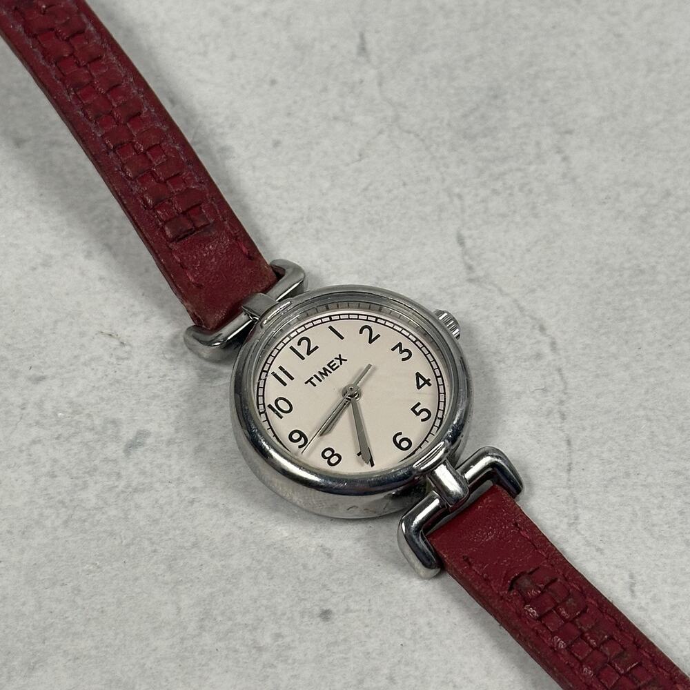 Timex Watch Womens 25mm White Dial Red Leather Band Silver Tone New Battery